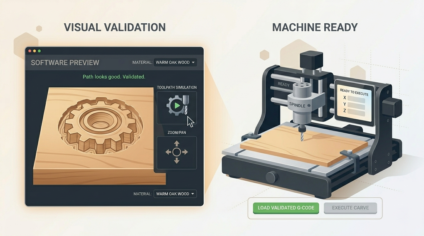 Software simulation previewing the final CNC toolpath before execution