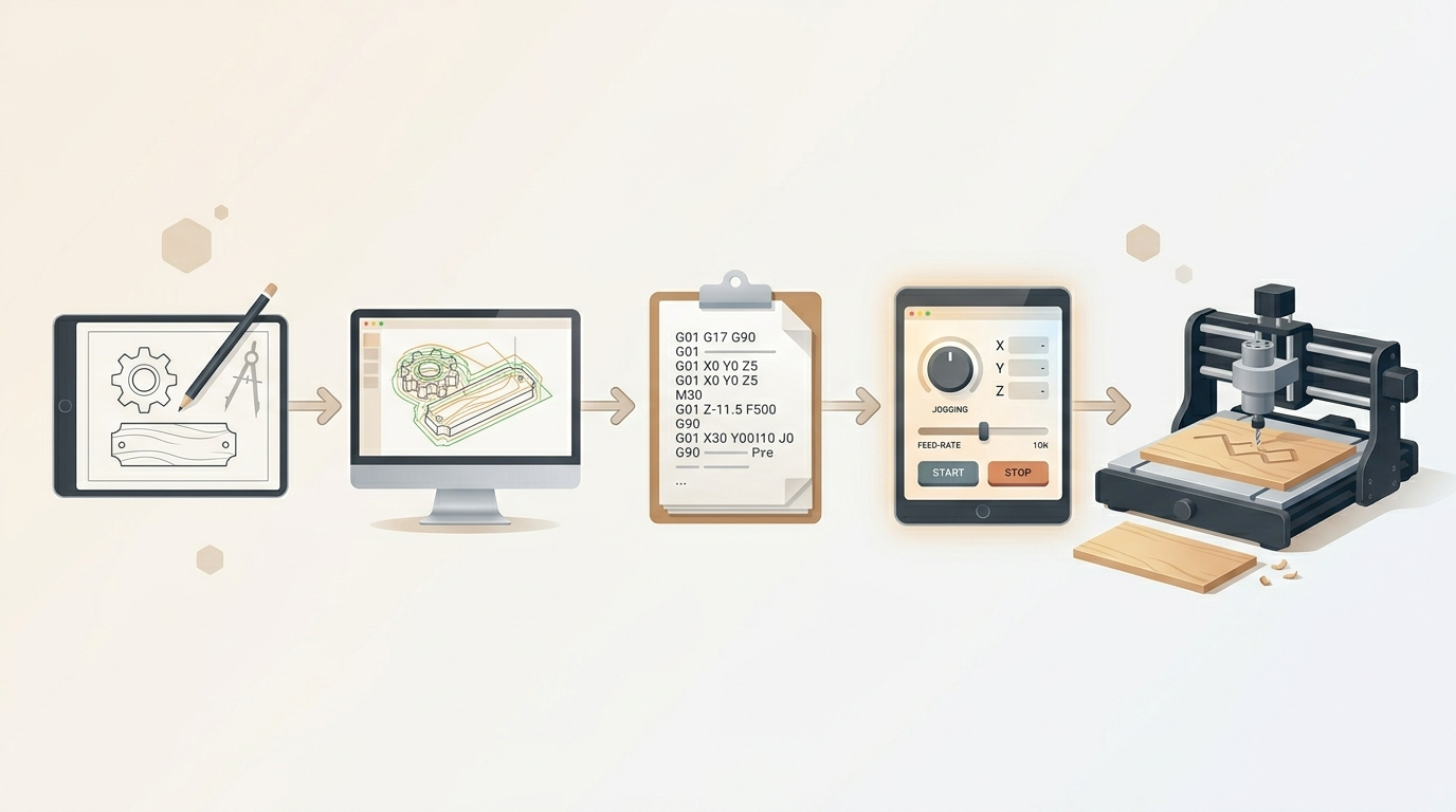 Workflow from design to CAM to machine-ready G-code