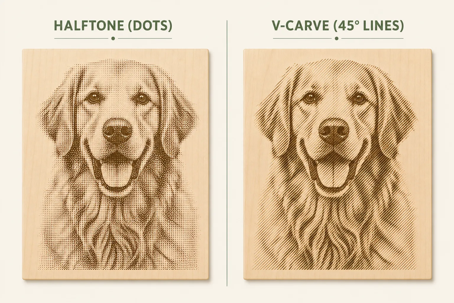 The same golden retriever portrait engraved two ways into pale wood: on the left as halftone dots, on the right as fine 45-degree V-carved lines of varying width.