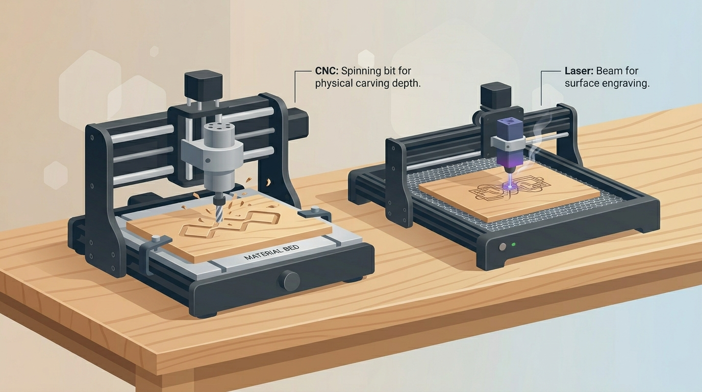 Laser engraver and CNC router compared side by side