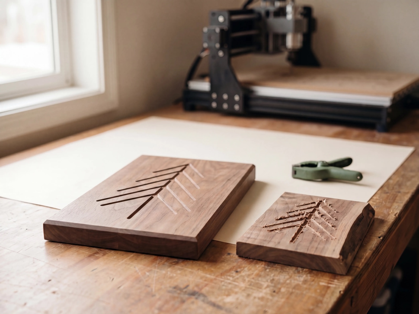Two walnut boards side by side: a cleanly carved pine-tree design on the left, the same design torn out and fuzzy on the right.