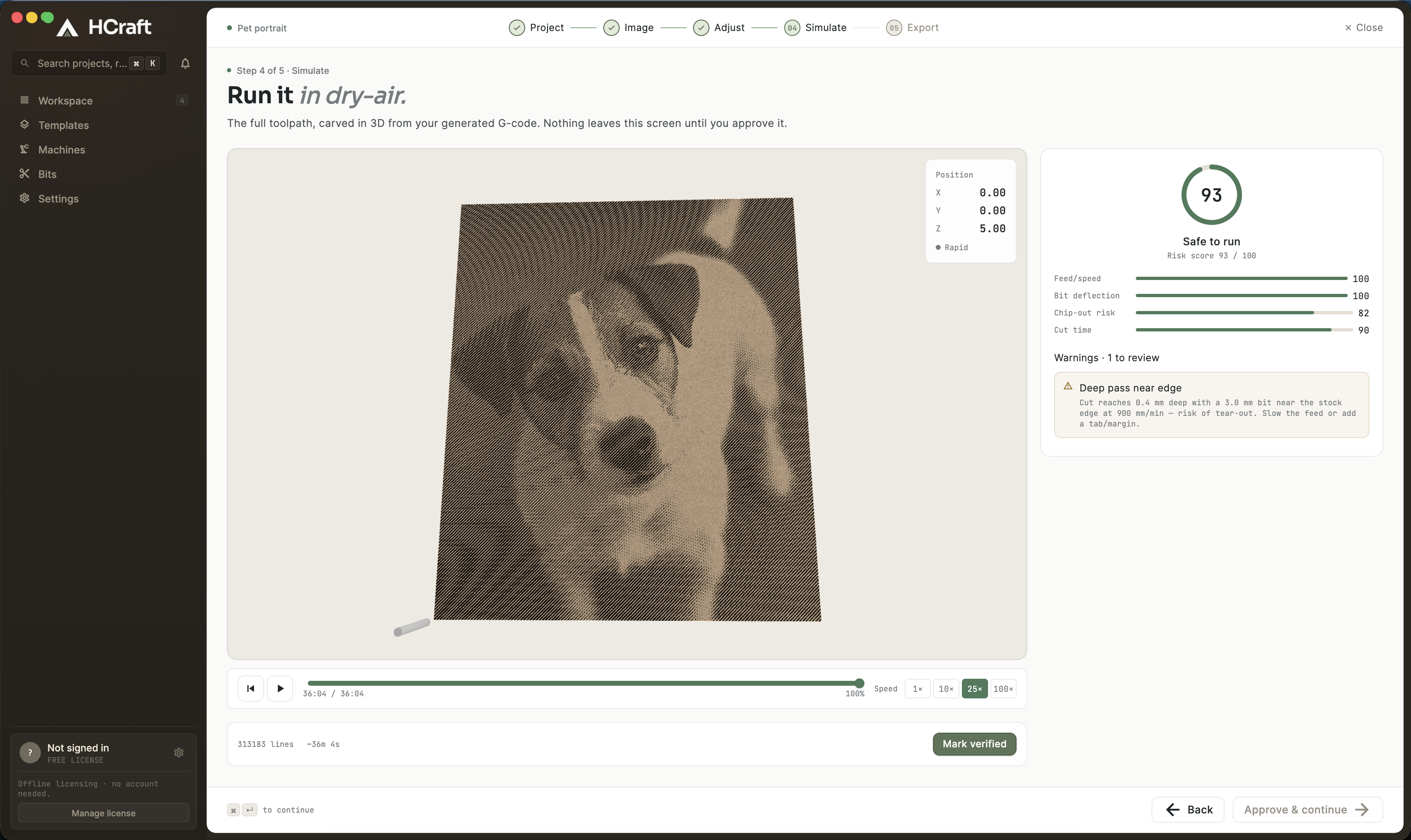 HCraft running a pet portrait in dry-air simulation — the carved render on the left, with feed, bit-deflection, chip-out and cut-time checks scoring 93/100 'Safe to run' on the right.